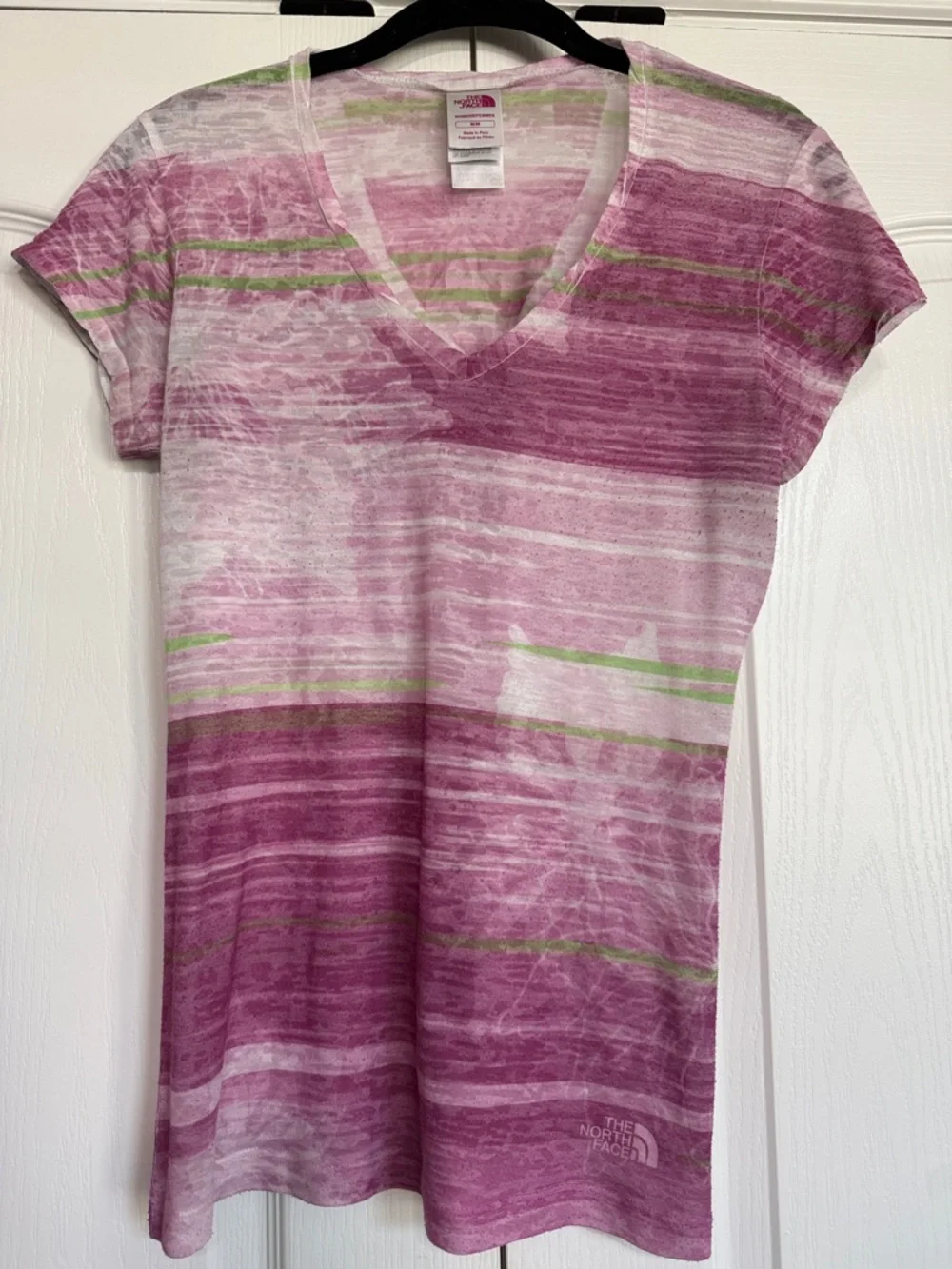 The North Face Pink & Green Stripe V-Neck Tee - Picture 1 of 5